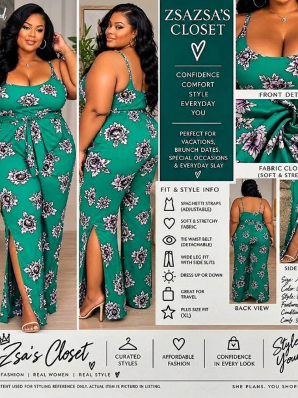 Zsa's Closet Floral Wide-Leg Jumpsuit in Green & Pink